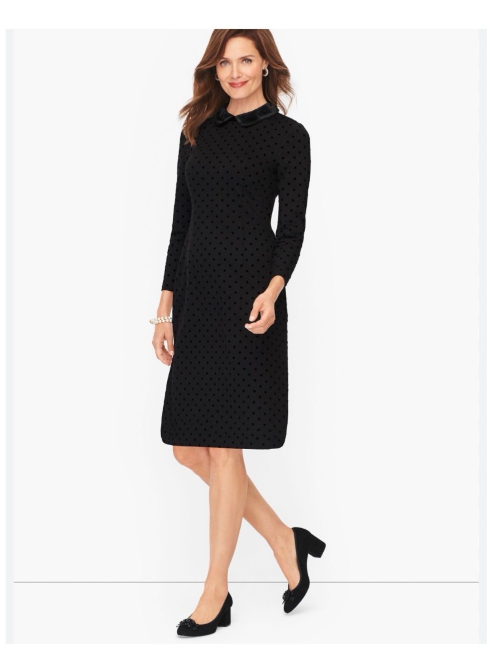 TALBOTS Ponte Flock Dot Shift Dress Black 12 NWT Velvet Collar Polka Dots Preppy